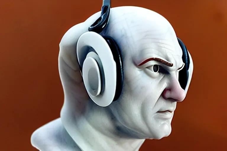 Prompt: a marble sculpture of agent 4 7 from hitman wearing headphones