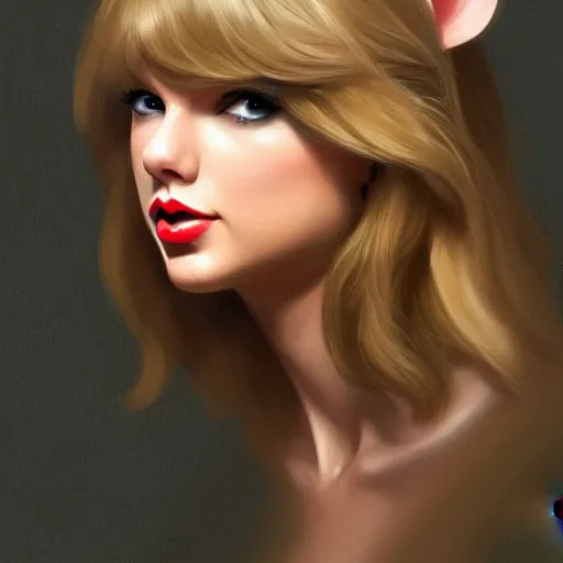 Image similar to Taylor Swift is just a cute little mouse, just a cute little thing, Taylor Swift face, mouse body, blush, high focus, wood paneling, warm lighting, by Artgerm and greg rutkowski, deviantart