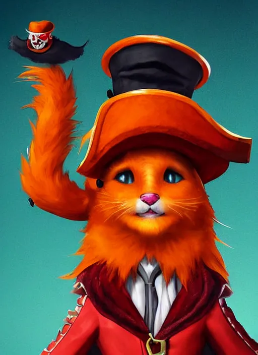 Prompt: digital art of an anthropomorphic orange cat with a red pirate coat and a tricorne hat, smug but playful, realistic, artstation, art by tyler jacobson, highly detailed, colorful, dramatic