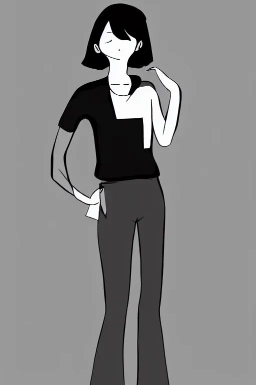 Prompt: portrait of a girl in long pants and a top, hands in pockets, eyes closed, bob haircut, digital art, black and white, simple, manga style