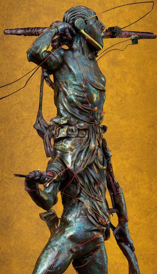 Image similar to An epic fantastic realism comic book style painting of a distressed bronze archery sculpture from the future by Stanislaw Szukalski, beautiful colorful flowers rain down, gilded marbled paper background, archer, fisheye lens, unreal 5, DAZ, hyperrealistic, octane render, dynamic lighting