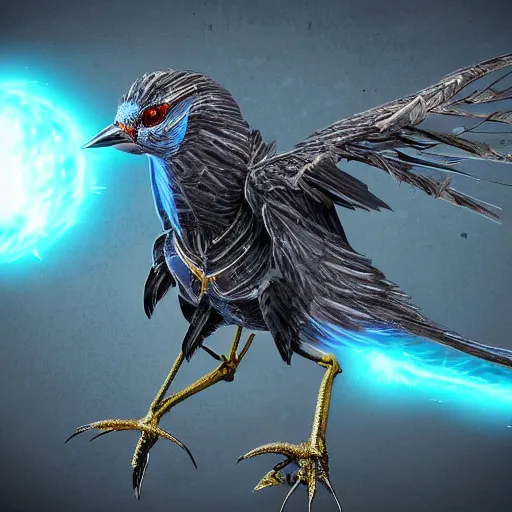 Image similar to birds in glowing cybernetic battle armor, photorealistic