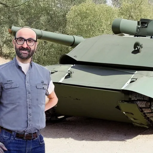 Image similar to michael vsauce in a military tank