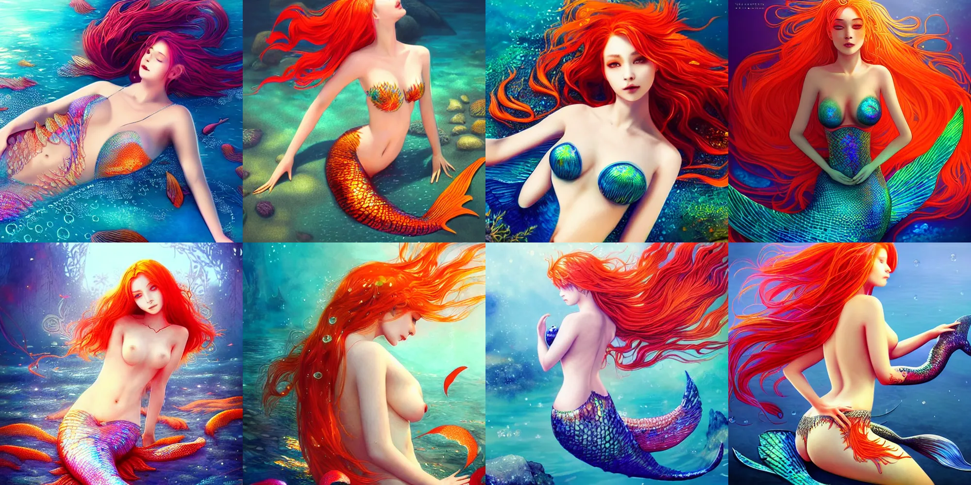 Prompt: beautiful mermaid with intricate detailed iridescent scales for her tail, vibrant red orange hair, patches of scales on body, laying in shallow water, vibrant colours, detailed illustration, smooth sharp focus, art by wlop and ryky and guweiz and tian zi, fantasy, intricate, misty, particles