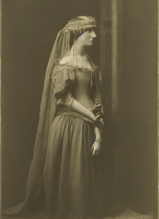 Image similar to portrait of young woman in renaissance dress and renaissance headdress, art by eugene atget