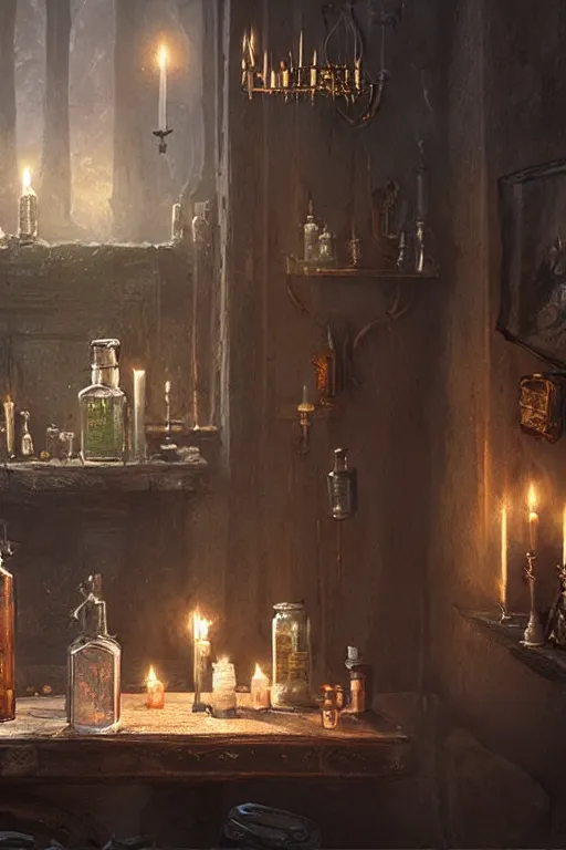 Prompt: a matte painting gothic counter parlor with bottles of potions and flickering candles by greg rutkowski