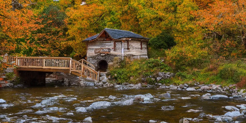 Image similar to a wooden cottage by the river with a bridge connecting to it, portrait, highly detailed, autumn, falling leaves, cozy, 8 k,