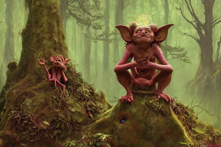 Prompt: a goblin shaman meditating in amossy tangled forest by Shaun Tan and Moebius, trending on artstation