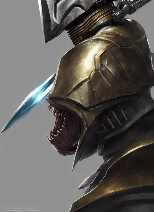 Prompt: side portrait of a humanoid shark in armor holding a lightsaber, 3 d render, hyper - realistic, detailed, concept art, ruan jia, wlop, scifi, fantasy, d & d, magic the gathering