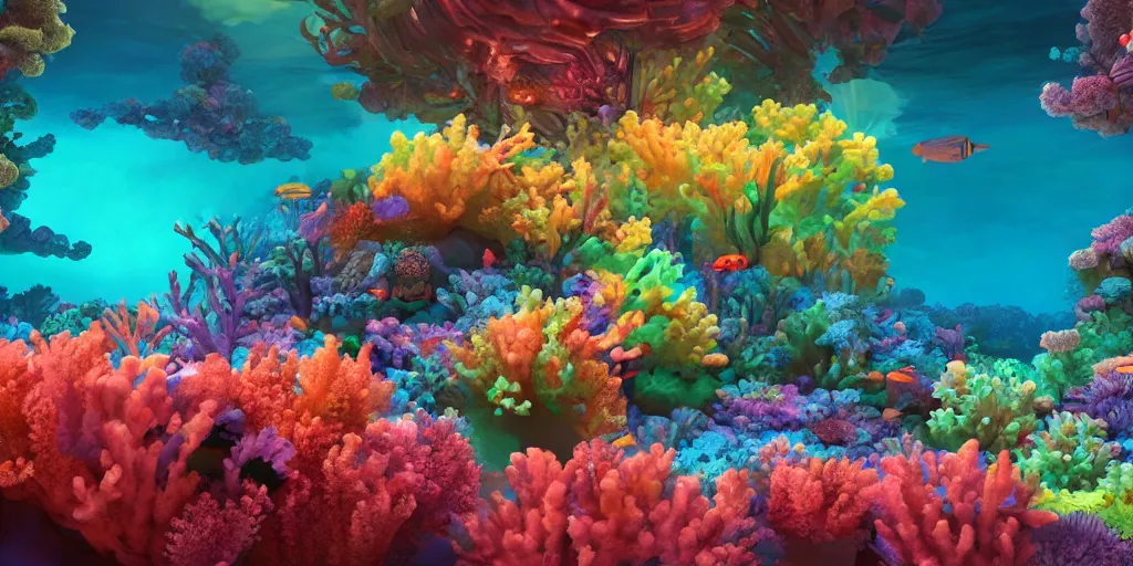 Image similar to majestic neon glowing coral reef, masterpiece painting by fabian jimenez and Jonathan solter, hyper realism, octane render