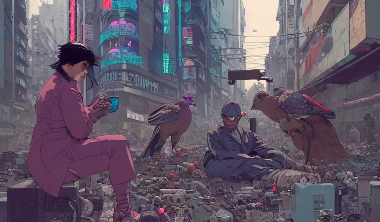 Prompt: cyborg feeding electric pigeons at a dirty crowded streetcorner, cyberpunk, by Josan Gonzalez and Tomer Hanuka and Geof Darrow and Moebius and Brad Rigney and Greg Rutkowski,highly detailed, UHD, 8K, Ghost in the shell, Blade Runner, Trending on artstation, bokh, dof