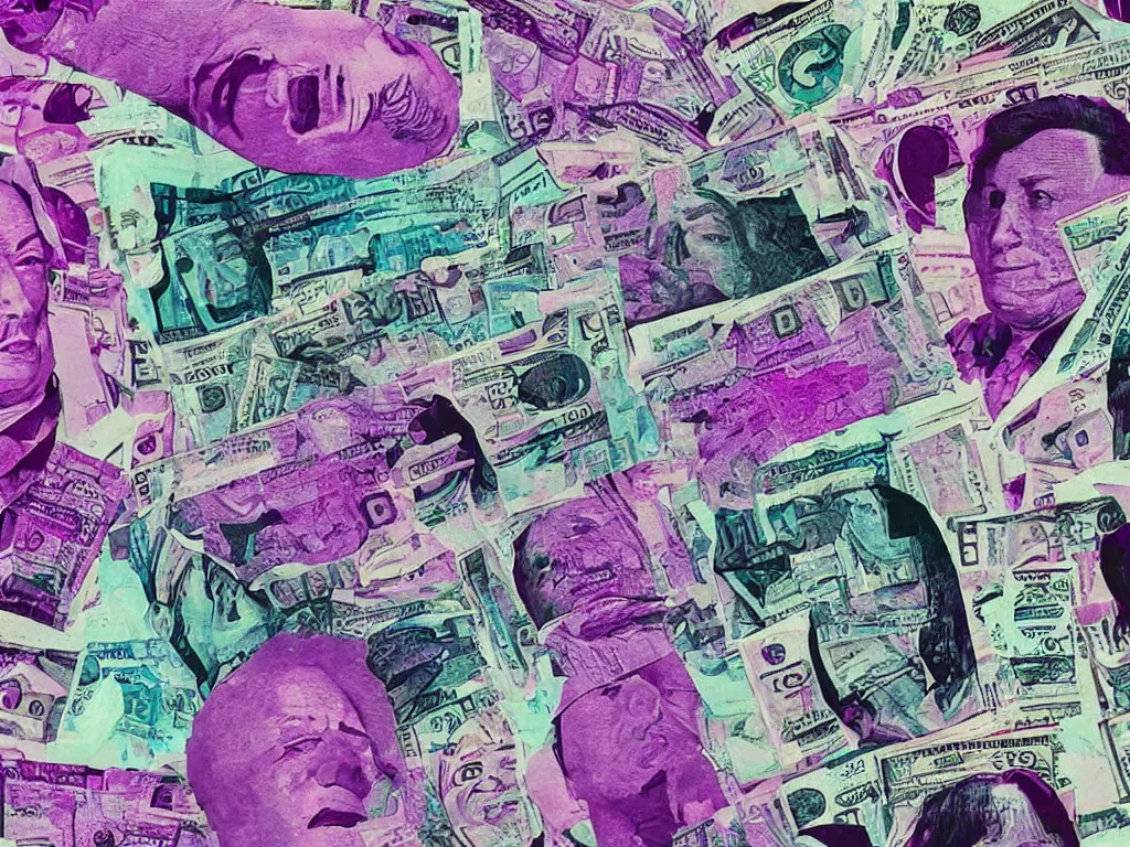 Prompt: vaporwave glitchy corrupt jpeg of corrupt officials bathing in money