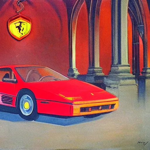 Image similar to a red ferrari testarossa at dark night in front of gothic architecture, pink neon lights by nc wyeth and daniel mumford