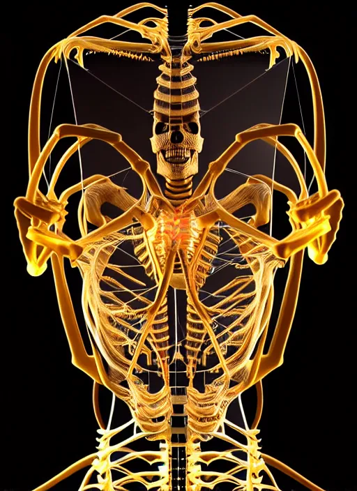 Image similar to parametric mechanical skeleton with human face, wires, glowing internal light, hyperdetailed, by alex grey, intricate linework, faberge, intricate gold linework, dark atmosphere, unreal engine 5 highly rendered, global illumination, radiant light, detailed and intricate environment