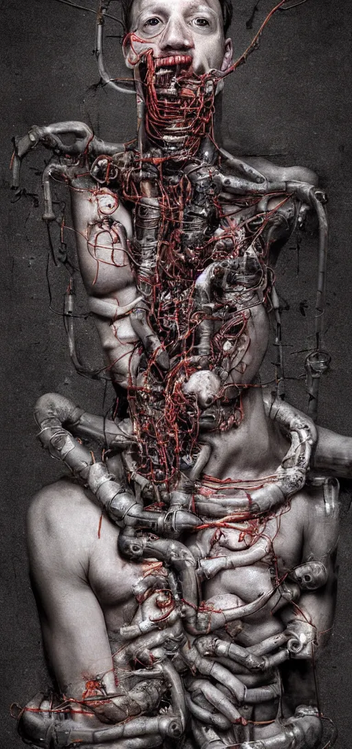 Prompt: disturbing artwork of mark zuckberg being consumed into collection of pipes and wires, body horror, dark, 4K, weird, bizarre, scary