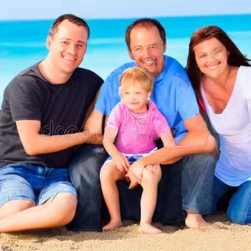 Prompt: happy family poses portrait on beach stock images