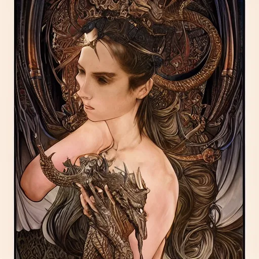 Image similar to portrait of the dragon queen by artgerm and H R Giger and alphonse mucha, Dragon in dragon lair, HD, full body dragon concept, flying dragon, Human body with dragon features, beautiful queen, perfect face, fantasy, intricate, elegant, highly detailed, digital painting, artstation, concept art, smooth, sharp focus, illustration, ray tracing, 4k realistic 3d rendered portrait, soft shading, soft colors, relaxed colors, hyperdetailed, wide angle lens, fantasy, futuristic horror, armor style of giger