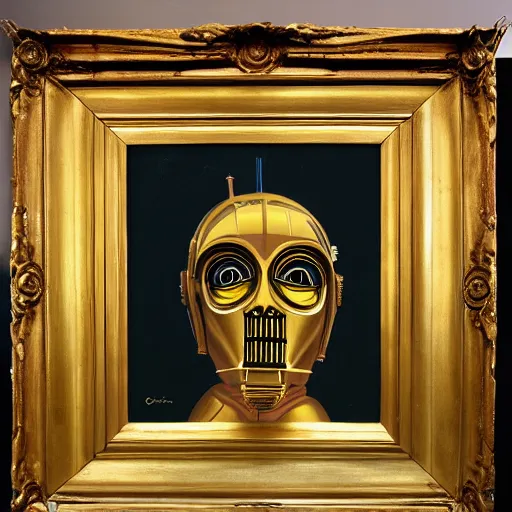 Image similar to a portrait painting of c 3 po from star wars in a renaissance style hanging in the louvre