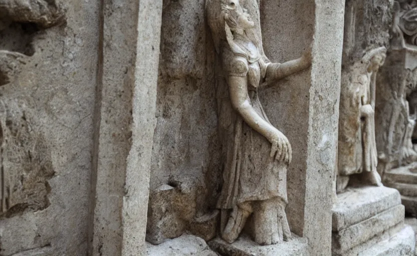 Image similar to A white priestess is conjuring a spell inside the ancient and mythical temple. Bronze statue