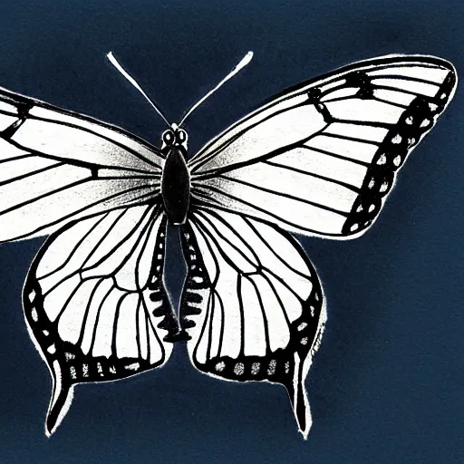 Prompt: scientific pen sketch of papilio ulysses butterfly, black and blue