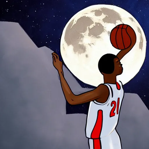 Image similar to a basketball player dunking the moon