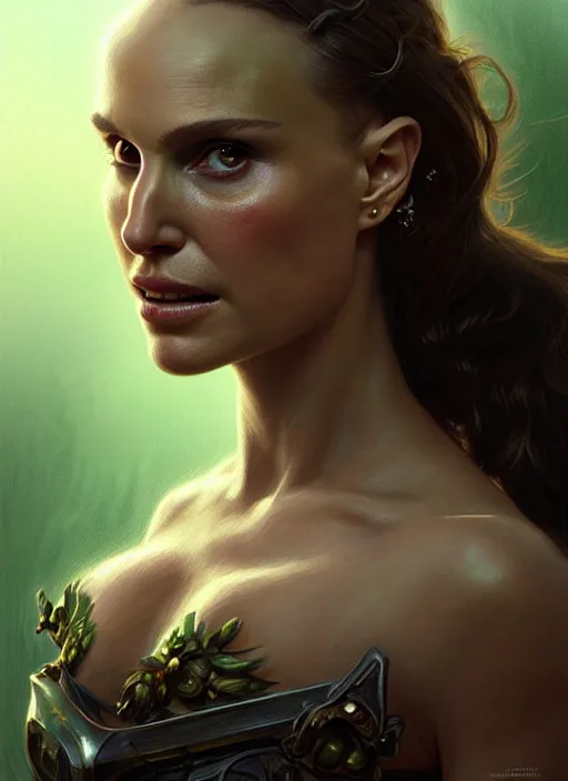 Image similar to portrait of natalie portman as a goblin, d & d, muscular! green, fantasy, intricate, elegant, highly detailed, digital painting, artstation, concept art, smooth, sharp focus, illustration, art by artgerm and greg rutkowski and alphonse mucha