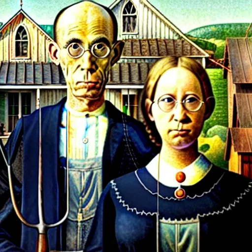 Prompt: american gothic with bananas for tines