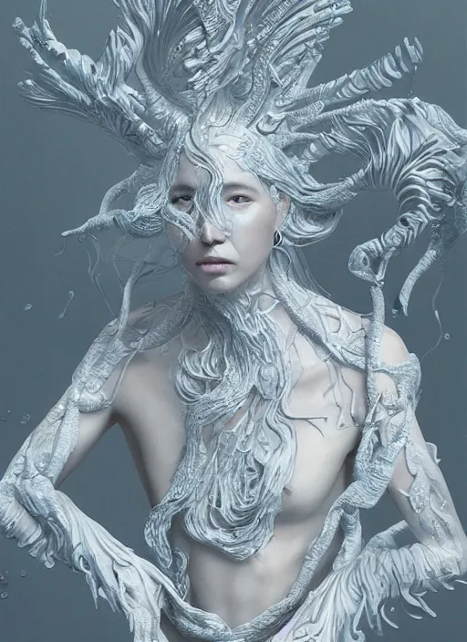 Image similar to sculpture made of water, portrait, future, shaman, harper's bazaar, vogue, magazine, insanely detailed and intricate, concept art, ornate, luxury, elite, elegant, trending on artstation, by ruan jia, by Kenneth Willardt, by ross tran, by WLOP, by Andrei Riabovitchev,