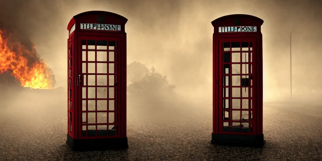 Image similar to a telephone booth on fire, weird, haunted, misty, dark and evil, demonic, sinister, ambient lighting, 8 k render, hyper realistic, photo realistic