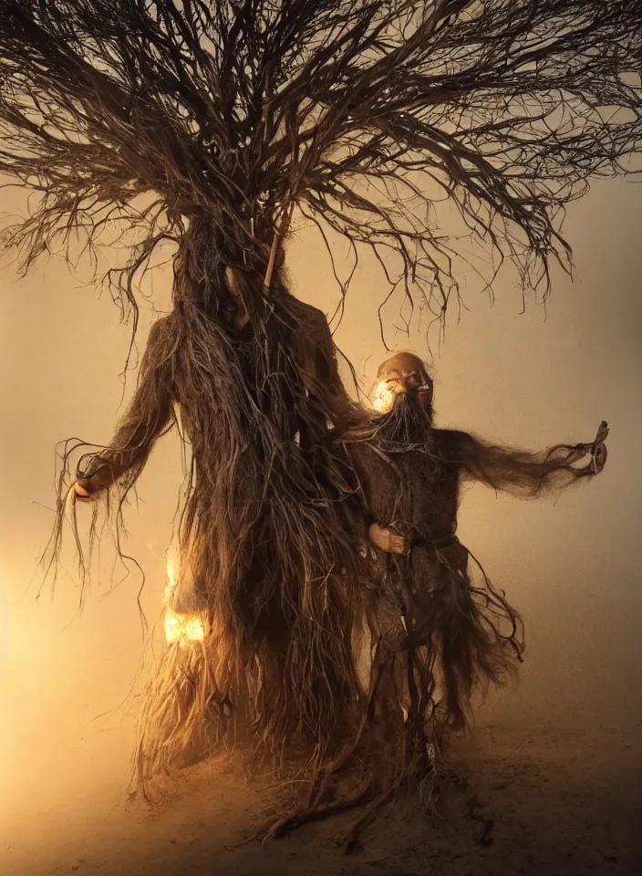 Prompt: full body shot of old asian man with long beard, hanging from a tree, his head covered in roots, full face occult silver mask, bright multiple glowing eyes, holding a large carved wooden dark fractal stick, hanging upside down, thick smoke around him, in the burning soil desert, cinematic shot, wide angle, dark desert background, volumetric lighting by Denis Villeneuve, Lubezki, Gaspar Noe, Christopher Doyle and Alejandro Jodorowsky, anamorphic lens, anamorphic lens flares, kodakchrome, cinematic composition, practical effects, award winning photo, 8k