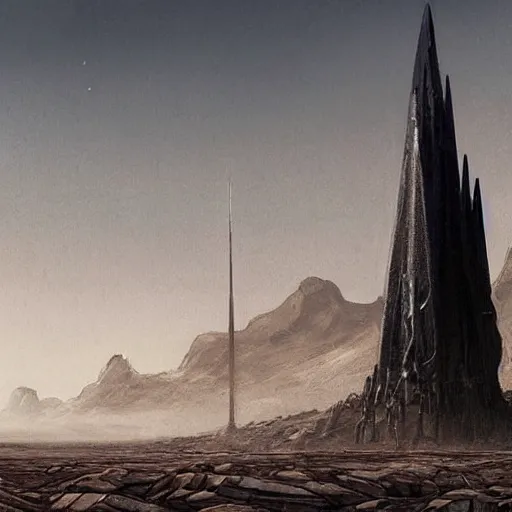 Prompt: a beautiful painting of a tall black spire jutting out of a post apocalyptic wasteland by jonathan bentley and Benjamin Sjoberg, scifi concept art, dystopian, desolate desert.