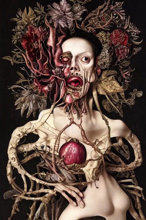 Prompt: Detailed maximalist portrait a with large lips and with large eyes, exasperated expression, botanical skeletal with extra flesh, high fashion, HD mixed media, 3D collage, highly detailed and intricate, surreal illustration in the style of Caravaggio and Jenny saville, dark art, baroque