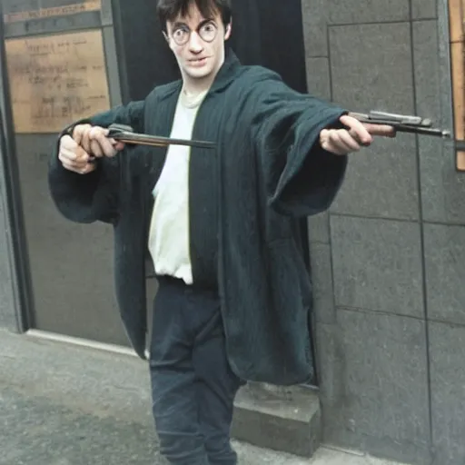 Prompt: harry potter robbing a bank, holding rifle in style of gra v