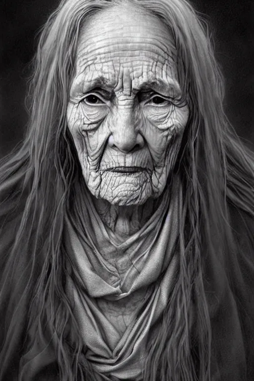 Image similar to very old wrinkled woman crone with long scraggly hair wearing rags, character portrait, concept art, intricate details, highly detailed photorealistic portrait in the style of adam hughes, seseon yoon, artgerm and warren louw