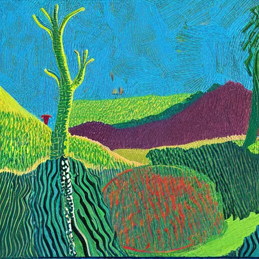 Image similar to rough acrylic painting of a lush natural scene on an alien planet by david hockney. beautiful landscape. weird vegetation. cliffs and water.