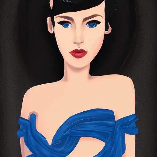 Prompt: illustrated portrait of glowing goddess with fair skin and blue eyes beautiful face with black hair wearing strapless dress