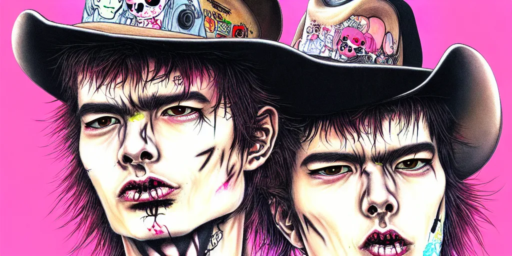Image similar to full view of sid vicious, wearing a cowboy hat, style of yoshii chie and hikari shimoda and martine johanna, highly detailed