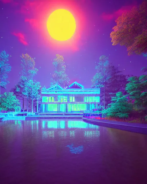 Image similar to architecture by john william casilear, infrared lake lightpaint cyberpunk vaporwave uv light rainforest nightsky nature morning sun meadow at night reclaimed by nature, archdaily, wallpaper, highly detailed, trending on artstation.