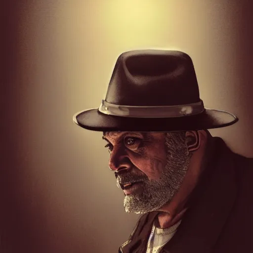Prompt: portrait of an overweight 55 year old man with short gray hair and a round gray beard, wearing a checkered shirt and a wide brimmed hat, dramatic lighting, illustration by Greg rutkowski, yoji shinkawa, 4k, digital art, concept art, trending on artstation