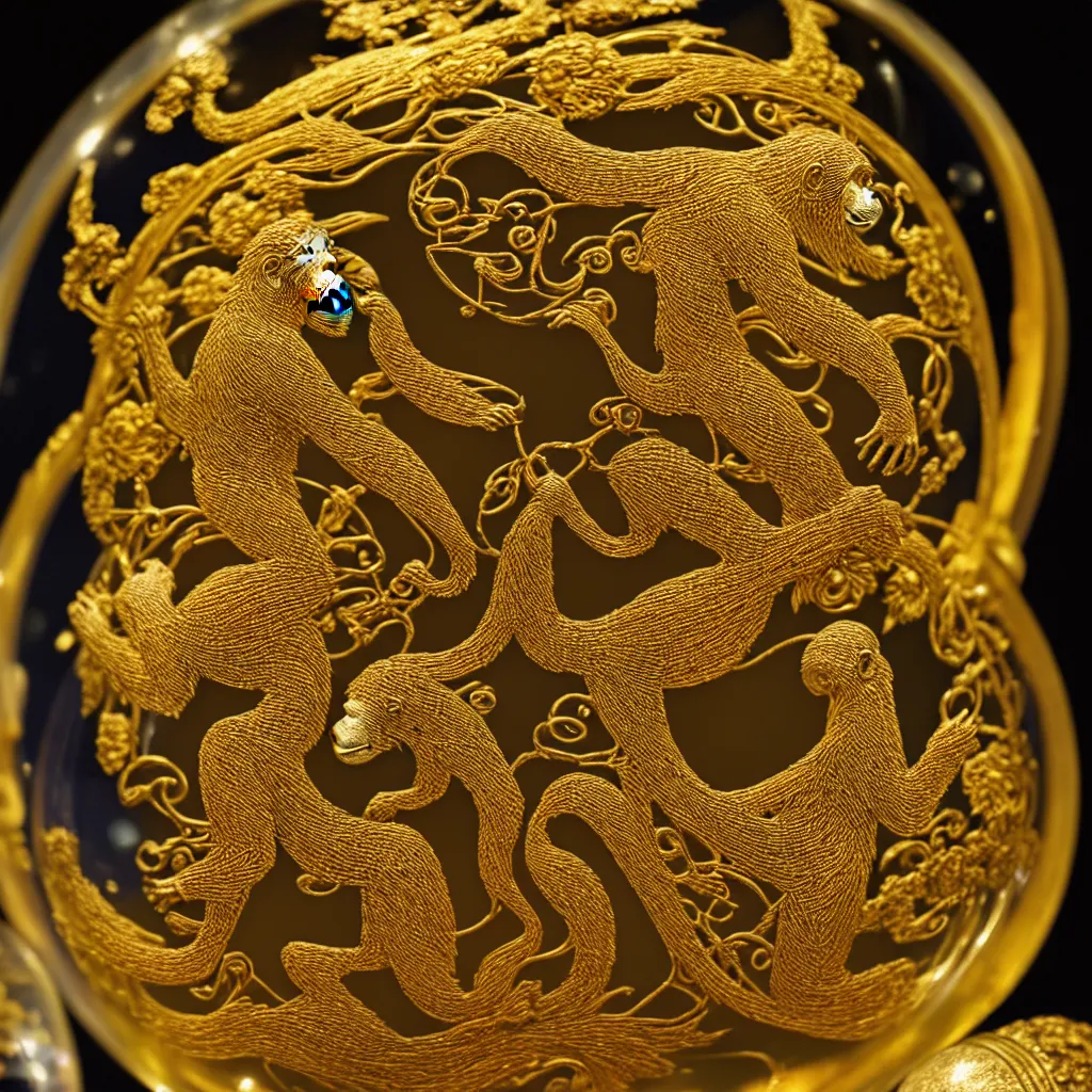 Prompt: a 3 5 mm f / 1. 4 iso 1 6 0 0 photograph of an ornate brass orangutan, decorated with filigree engravings and mounted on a glass sphere containing a universe.