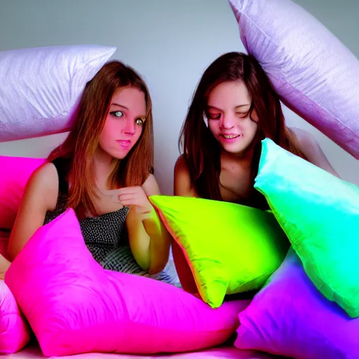 Image similar to teenage girls pillow fight detailed hdr focus stunning visuals neon tones