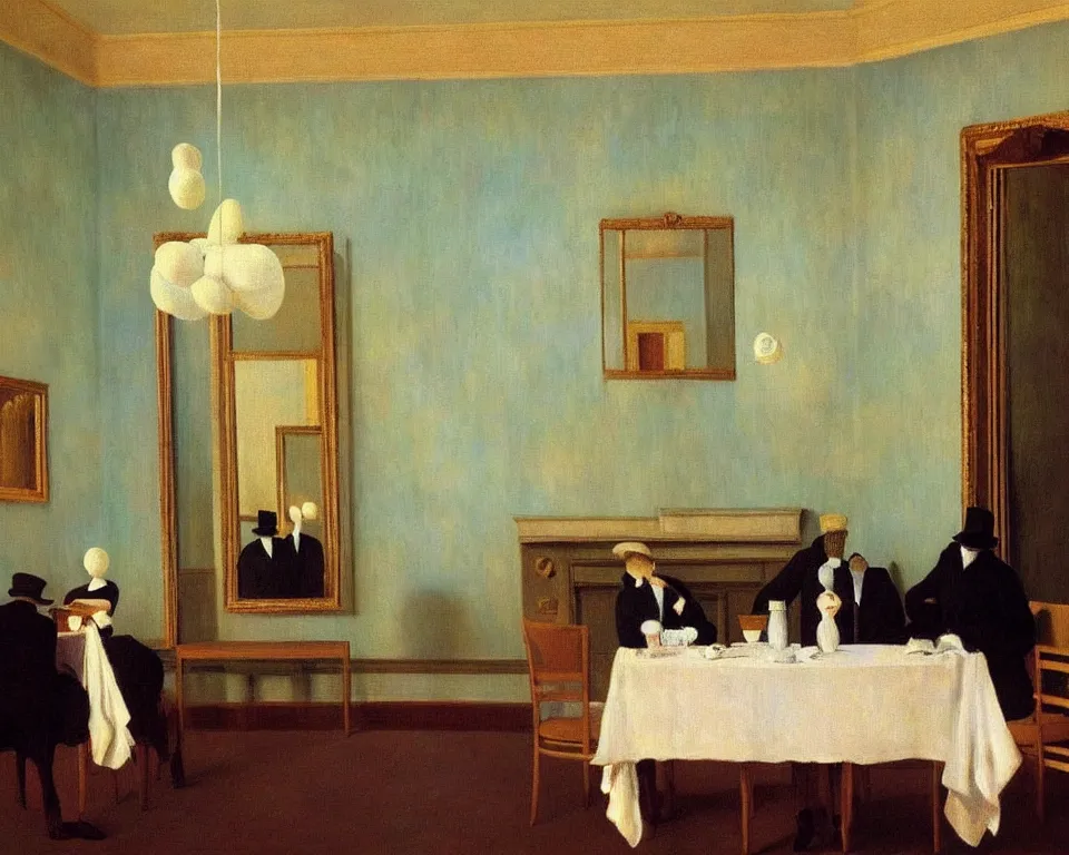 Image similar to achingly beautiful painting of a sophisticated, well - decorated, modern parlor by rene magritte, monet, and turner. whimsical.