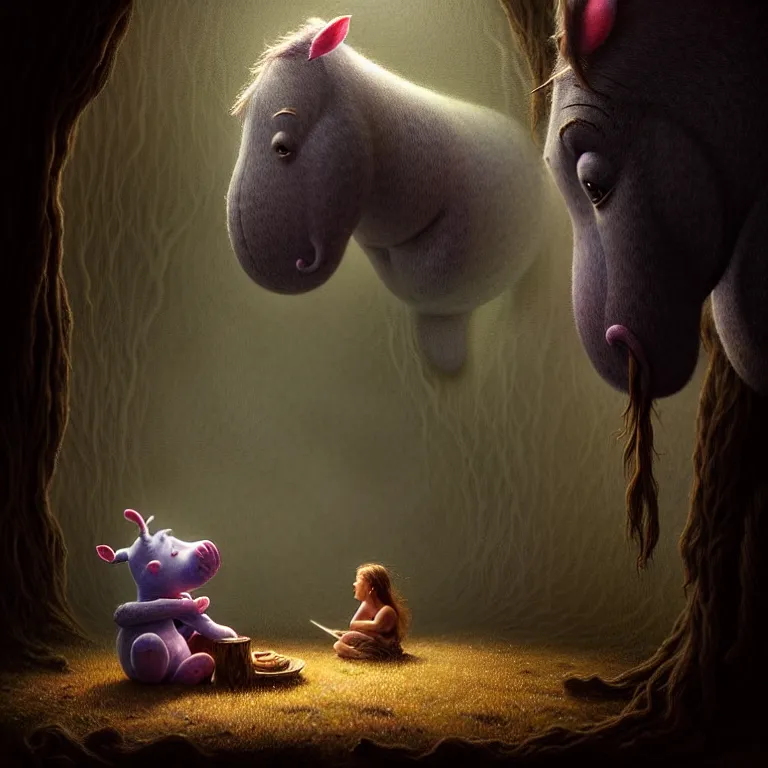 Prompt: epic professional digital art of hungry eeyore, ambient lighting, painted, intricate, detailed, foreboding, by leesha hannigan, wayne haag, reyna rochin, ignacio fernandez rios, mark ryden, iris van herpen,, epic, stunning, gorgeous, much wow, cinematic, masterpiece.