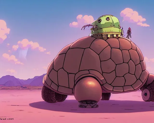 Prompt: a cell shaded cartoon giant lovecraftian mechanized turtle from howl's moving castle ( 2 0 0 4 ), with a big head, on a desert road, full body, wide shot, pink light, golden hour, post grunge, concept art by josan gonzales, wlop, by james jean, victor ngai, hq, deviantart, art by artgem