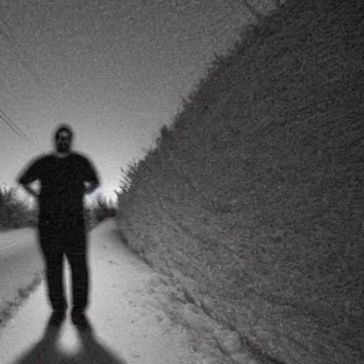 Prompt: nightime infrared trail cam footage of an overweight 20 year old with messy black hair and beard