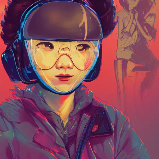 Prompt: portrait a young japanese girl wearing a VR, midnight hour, painted part by josan gonzales, part by dan mumford, part by norman rockwell, part by artstation
