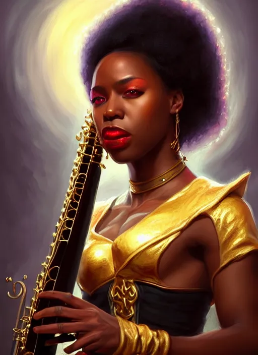 Prompt: a _ fantasy _ style _ portrait _ painting _ of black female charismatic bard playing instrument, rpg dnd oil _ painting _ unreal _ 5 _ daz. _ rpg _ portrait _ extremely _ detailed _ artgerm _ greg _ rutkowski _ greg