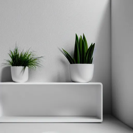 Image similar to white zen clean modern minimalist bookshelf with cute plants by peter tarka in an ivory room well contoured smooth fair walls, up close shot, sharp focus, zen, clean, modern minimalist, zaha hadid octane highly render, 4 k, ultra hd,