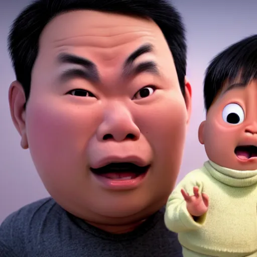 Image similar to shocked asian man cannot believe his eyes that he is holding a dark skinned chubby baby, award winning art, pixar, 3 d render, confusion, unreal engine