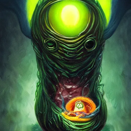 Image similar to disgusting slimy alien with hairy sphincter instead of mouth, tentacles, inside cave full of eggs, mike mignogna, dark vintage sci fi, strong contrasts, vivid colors, oil painting, trending on artstation, rough paper